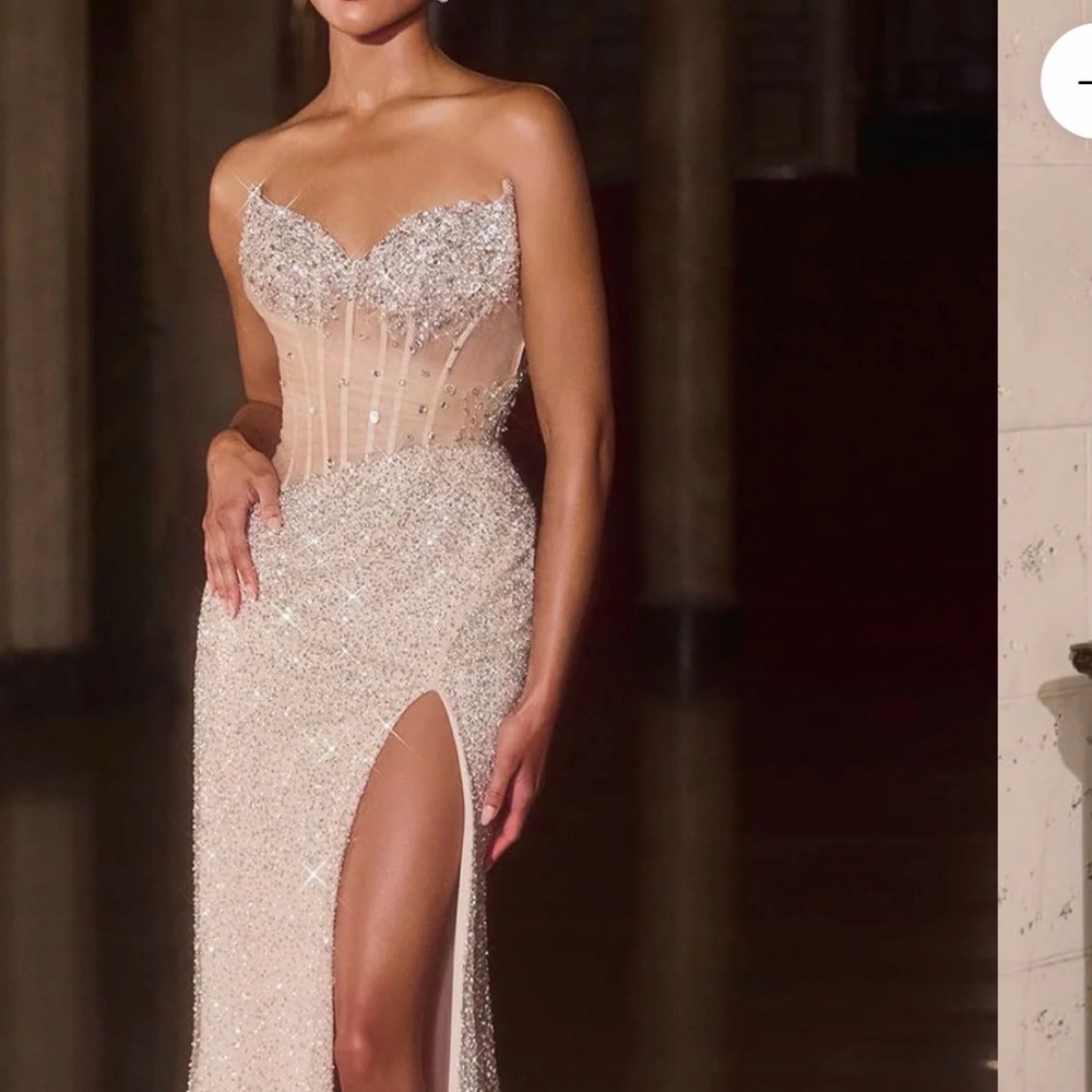Nude Beaded Strapless Evening Gown with Corset Bodice and Thigh Slit